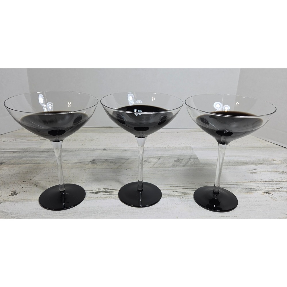 Set of 3 Pier 1 Elemental Black Martini Glasses Clear Stem Cocktail 7" Excellent